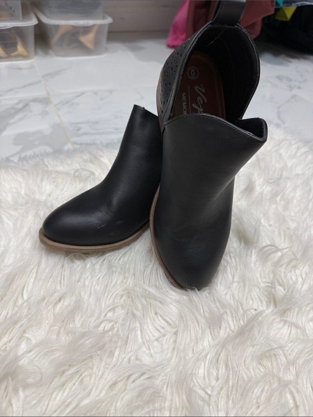 Vera Wang Black Leather Ankle Booties with Tan Sole